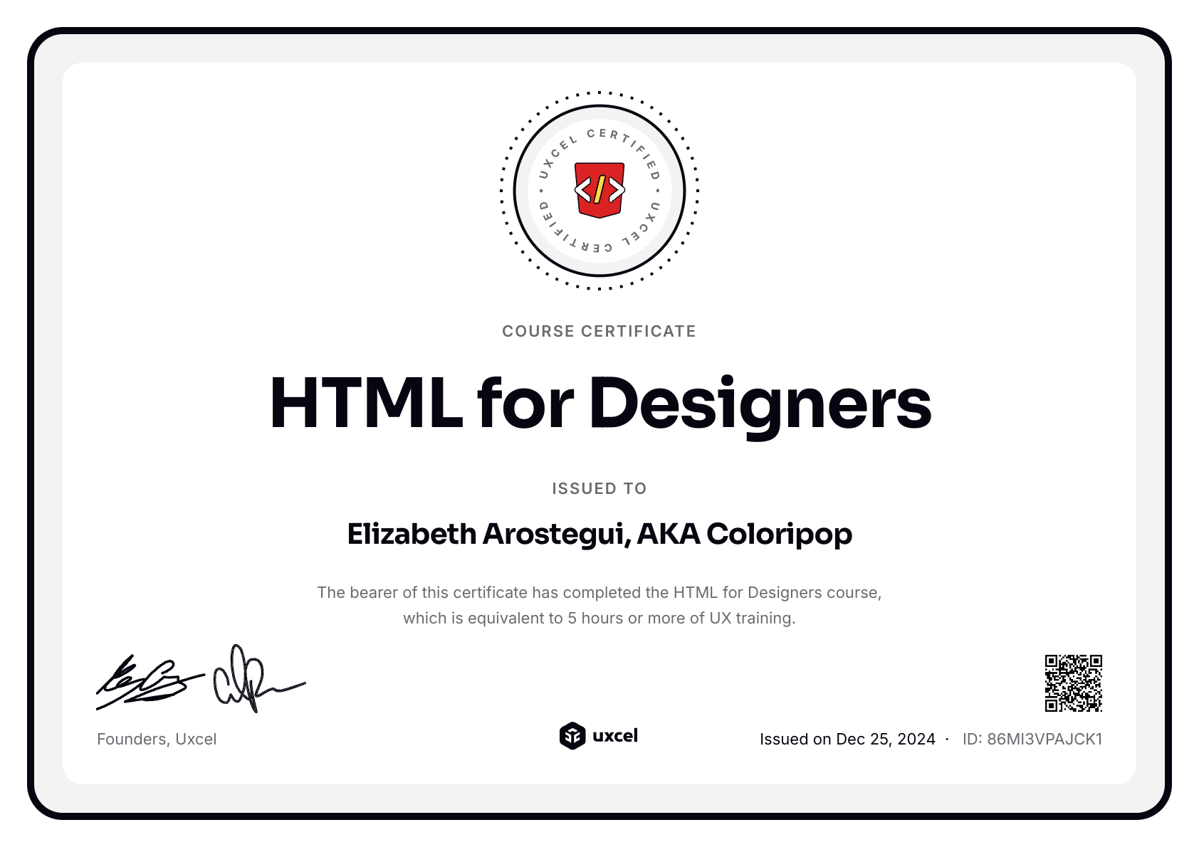 Elizabeth Arostegui, AKA Coloripop's certificate